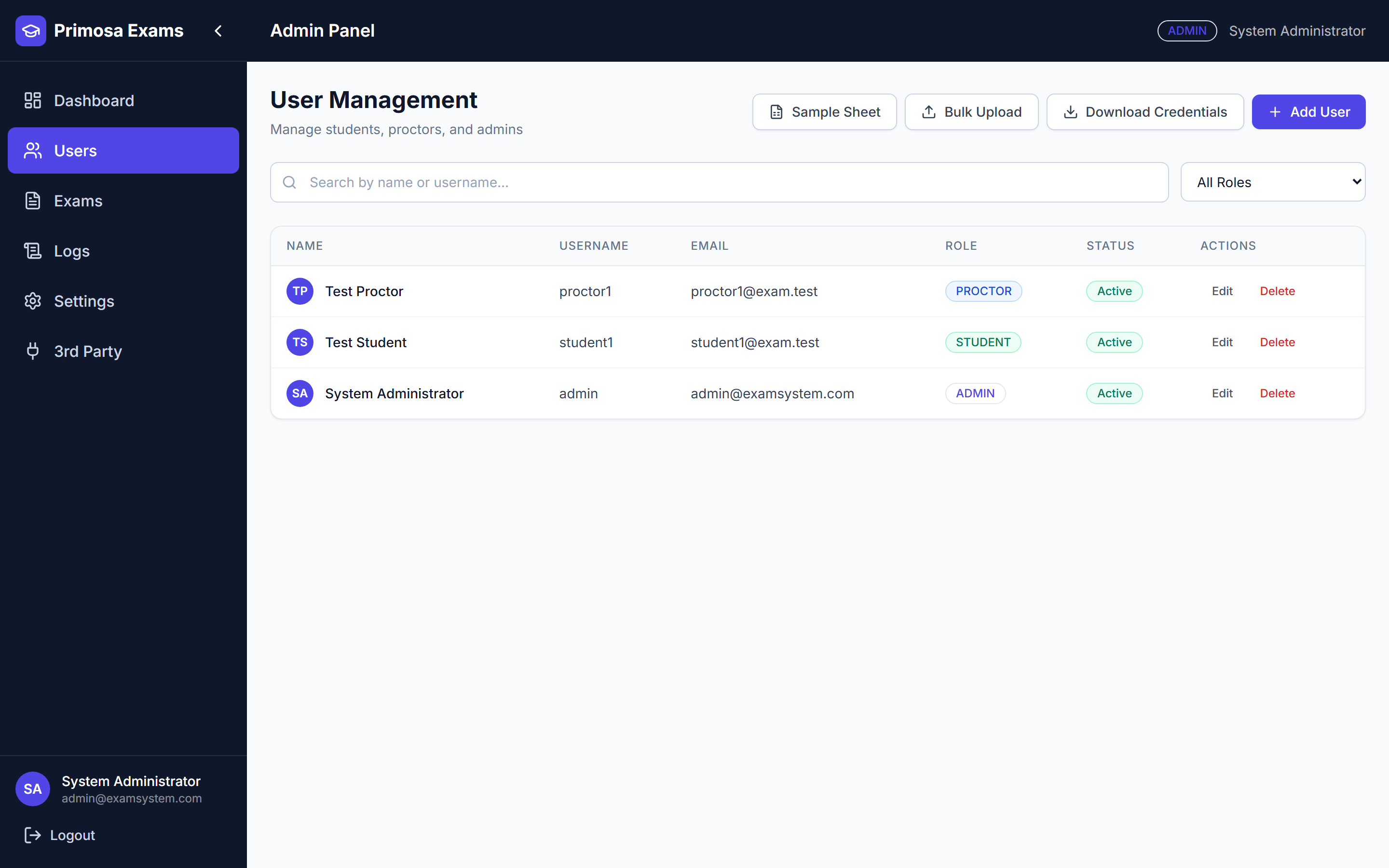 User management screen listing students, proctors, and admins with role badges